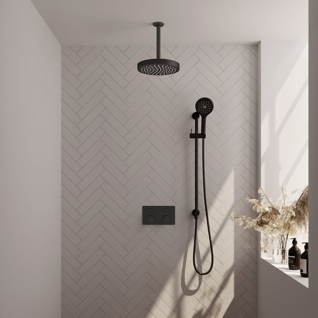 BRAUER Stripe thermostatische inbouw regendouche met drukknoppen SET 36 met 25 cm douchekop en plafondarm en 3-standen handdouche en doucheslang en geïntegreerde glijstang mat zwart 5-S-435