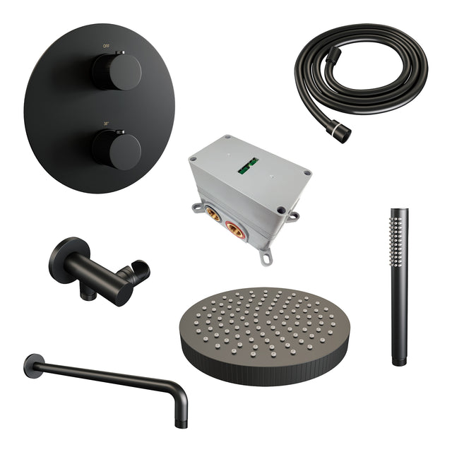 BRAUER Stripe thermostatische inbouw regendouche 3-weg rond SET 38 met 25 cm douchekop en gebogen muurarm en staaf handdouche en doucheslang en wandaansluitbocht mat zwart 5-S-439