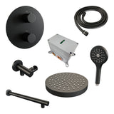 BRAUER Stripe thermostatische inbouw regendouche 3-weg rond SET 40 met 25 cm douchekop en rechte muurarm en 3-standen handdouche en doucheslang en wandaansluitbocht mat zwart 5-S-443