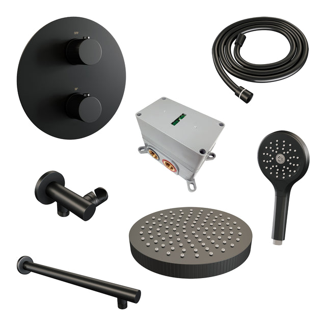 BRAUER Stripe thermostatische inbouw regendouche 3-weg rond SET 40 met 25 cm douchekop en rechte muurarm en 3-standen handdouche en doucheslang en wandaansluitbocht mat zwart 5-S-443