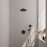 BRAUER Stripe thermostatische inbouw regendouche 3-weg rond SET 41 met 25 cm douchekop en gebogen muurarm en 3-standen handdouche en doucheslang en wandaansluitbocht mat zwart 5-S-445