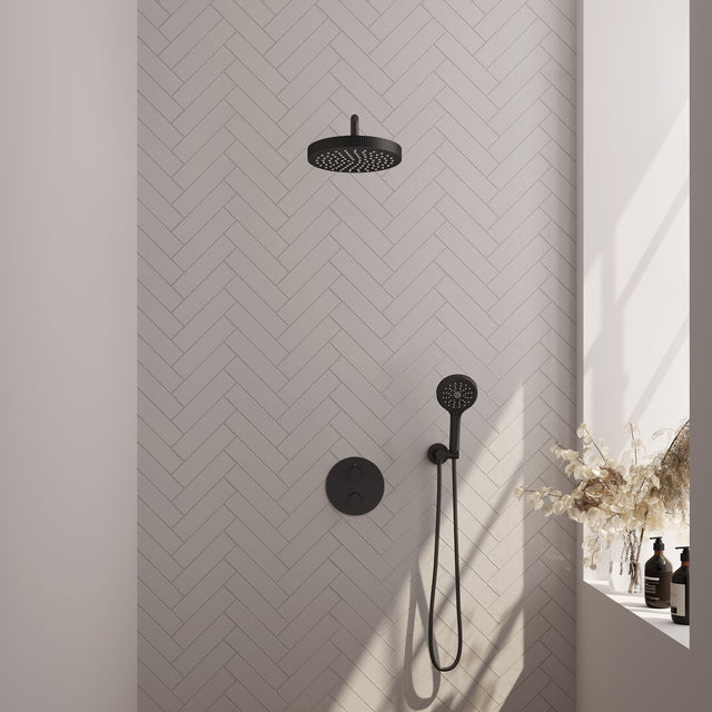 BRAUER Stripe thermostatische inbouw regendouche 3-weg rond SET 41 met 25 cm douchekop en gebogen muurarm en 3-standen handdouche en doucheslang en wandaansluitbocht mat zwart 5-S-445