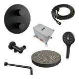 BRAUER Stripe thermostatische inbouw regendouche 3-weg rond SET 41 met 25 cm douchekop en gebogen muurarm en 3-standen handdouche en doucheslang en wandaansluitbocht mat zwart 5-S-445