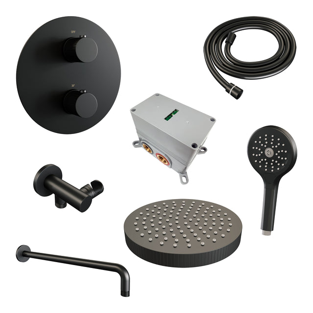 BRAUER Stripe thermostatische inbouw regendouche 3-weg rond SET 41 met 25 cm douchekop en gebogen muurarm en 3-standen handdouche en doucheslang en wandaansluitbocht mat zwart 5-S-445