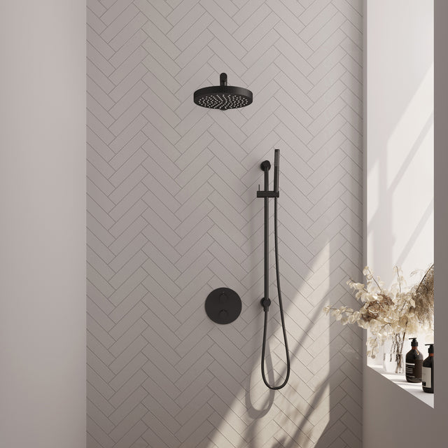 BRAUER Stripe thermostatische inbouw regendouche 3-weg rond SET 43 met 25 cm douchekop en rechte muurarm en staaf handdouche en doucheslang en geïntegreerde glijstang mat zwart 5-S-449