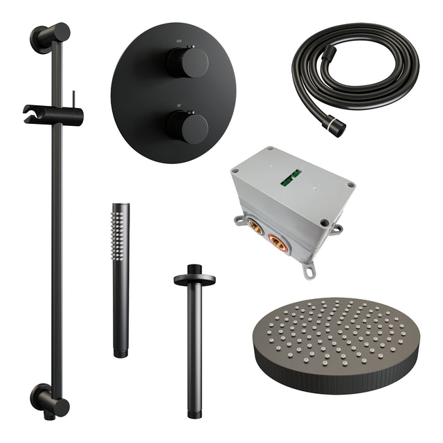 BRAUER Stripe thermostatische inbouw regendouche 3-weg rond SET 45 met 25 cm douchekop en plafondarm en staaf handdouche en doucheslang en geïntegreerde glijstang mat zwart 5-S-453
