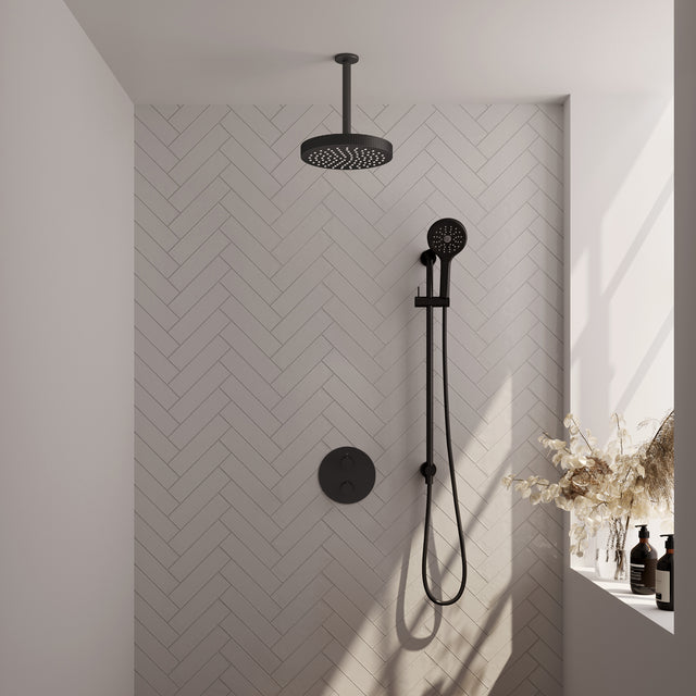 BRAUER Stripe thermostatische inbouw regendouche 3-weg rond SET 48 met 25 cm douchekop en plafondarm en 3-standen handdouche en doucheslang en geïntegreerde glijstang mat zwart 5-S-459