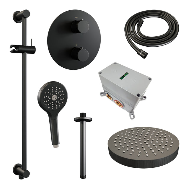 BRAUER Stripe thermostatische inbouw regendouche 3-weg rond SET 48 met 25 cm douchekop en plafondarm en 3-standen handdouche en doucheslang en geïntegreerde glijstang mat zwart 5-S-459