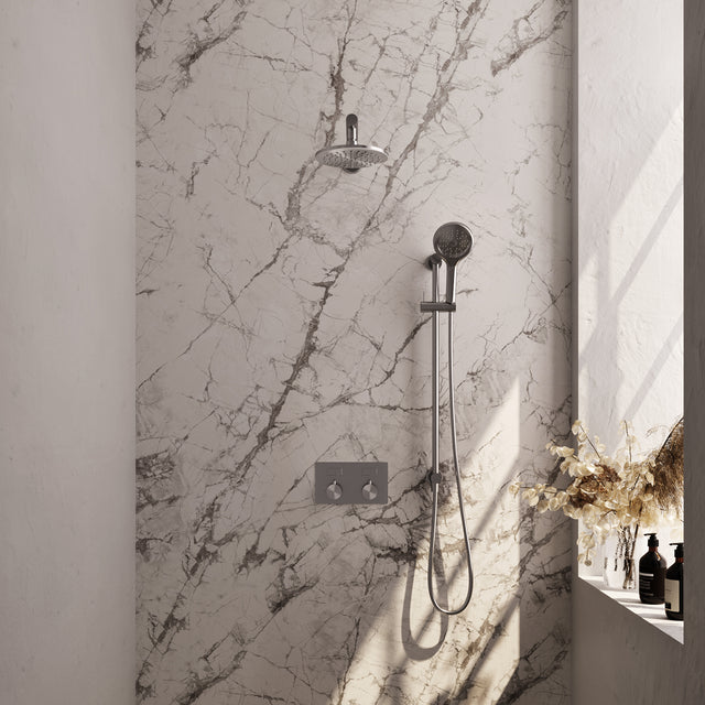 BRAUER Brushed Edition thermostatische inbouw regendouche met drukknoppen SET 67 met 20 cm douchekop en rechte muurarm en 3-standen handdouche en doucheslang en geïntegreerde glijstang RVS geborsteld PVD 5-NG-178