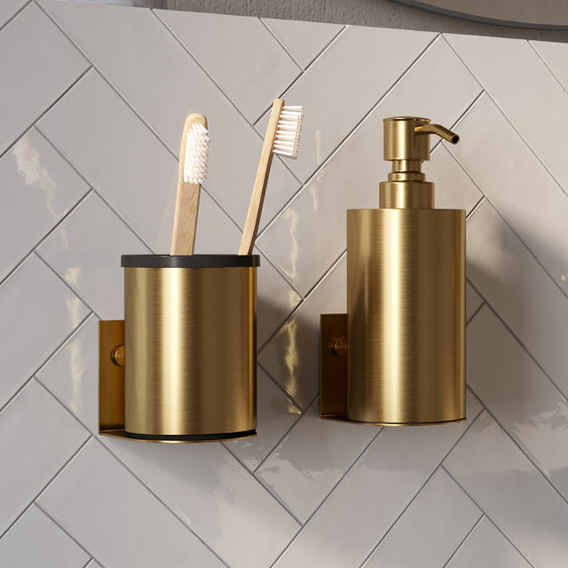 BRAUER Zeepdispenser en beker model A incl. wand ophanging en magnetisch opzetvlak goud geborsteld AE-ZDAGG