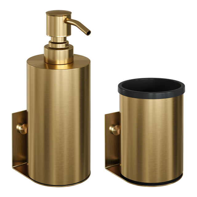 BRAUER Zeepdispenser en beker model A incl. wand ophanging en magnetisch opzetvlak goud geborsteld AE-ZDAGG