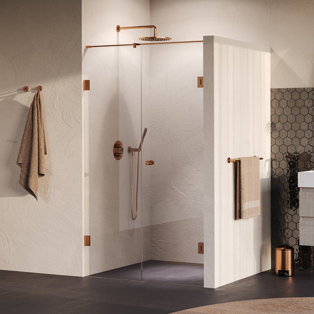 BRAUER Void Carving nisdeur 2-delig helder glas 110x200 omkeerbaar met draaideur 60 aan muur incl. glascoating PVD koper geborsteld GS-VOCN2H6050200GK