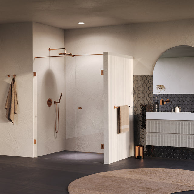 BRAUER Void Carving nisdeur 2-delig helder glas 150x200 omkeerbaar met draaideur 70 aan muur incl. glascoating PVD koper geborsteld GS-VOCN2H7080200GK