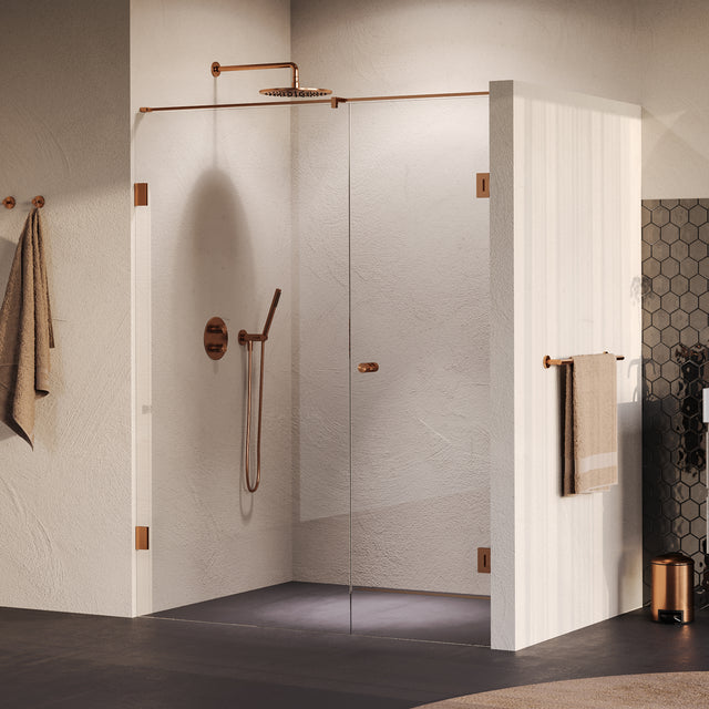 BRAUER Void Carving nisdeur 2-delig helder glas 160x200 omkeerbaar met draaideur 70 aan muur incl. glascoating PVD koper geborsteld GS-VOCN2H7090200GK