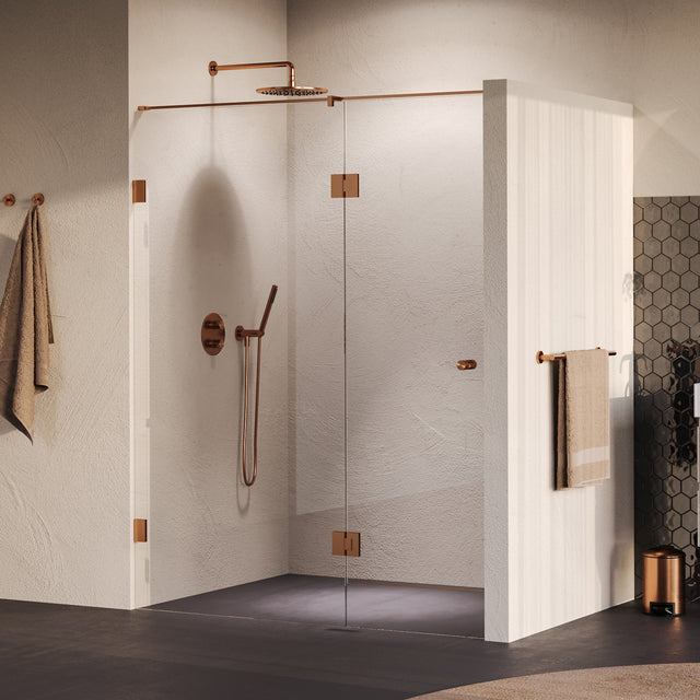 BRAUER Void Carving nisdeur 2-delig helder glas 150x200 omkeerbaar met draaideur 70 aan glas incl. glascoating PVD koper geborsteld GS-VOCN3H7080200GK